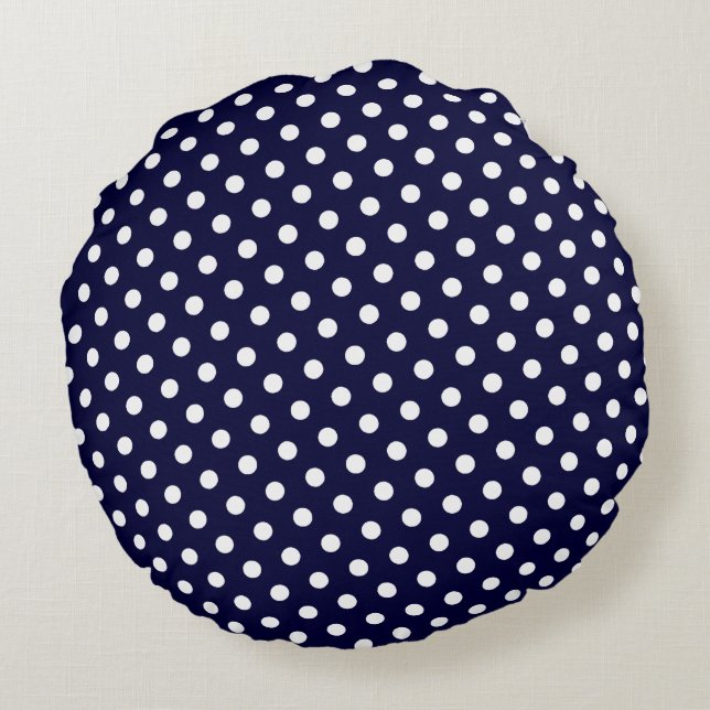 Navy Blue & White Polka Dot Round Pillows Rundes Kissen (Rückseite)