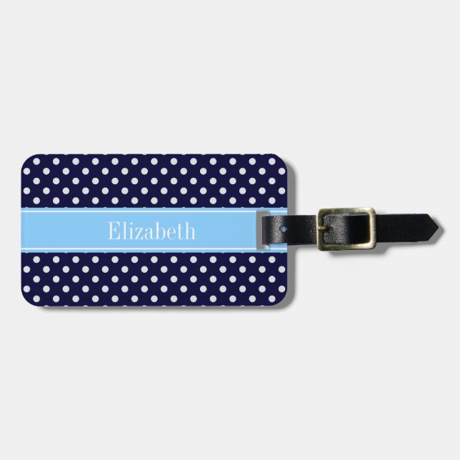 Navy Blue White Polka Dots Sky Blue Name Monogram Gepäckanhänger (Vorderseite horizontal)