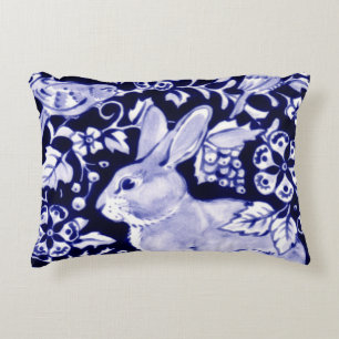Navy Blue & White Rabbit Bird Floral Dedham Delft Dekokissen