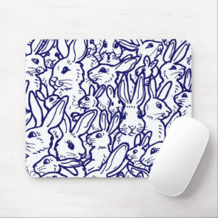 Navy Blue White Rabbit Bunny Zeichnend Niedlich ei Mousepad