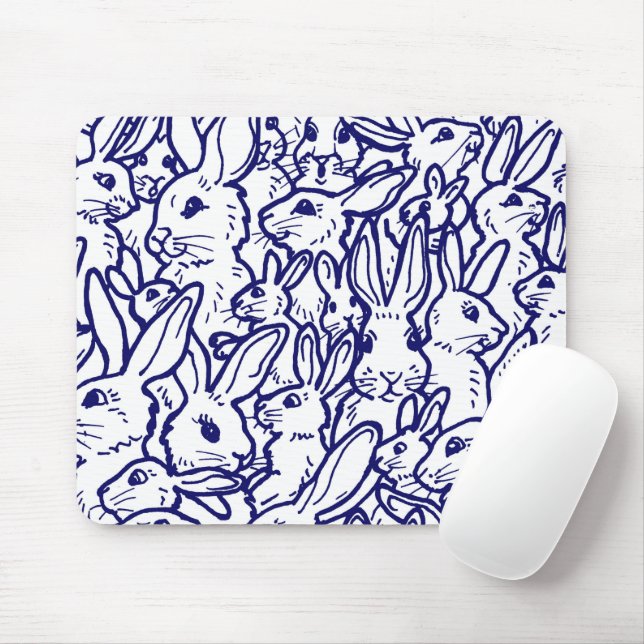 Navy Blue White Rabbit Bunny Zeichnend Niedlich ei Mousepad (Mit Mouse)