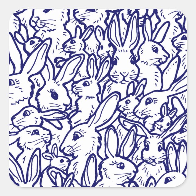 Navy Blue White Rabbit Bunny Zeichnend Niedlich ei Quadratischer Aufkleber (Vorderseite)