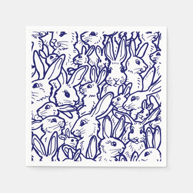 Navy Blue White Rabbit Bunny Zeichnend Niedlich ei Serviette (Vorderseite)