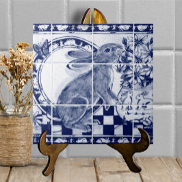 Navy Blue White Rabbit Dedham Pottery Delft Mural Fliese