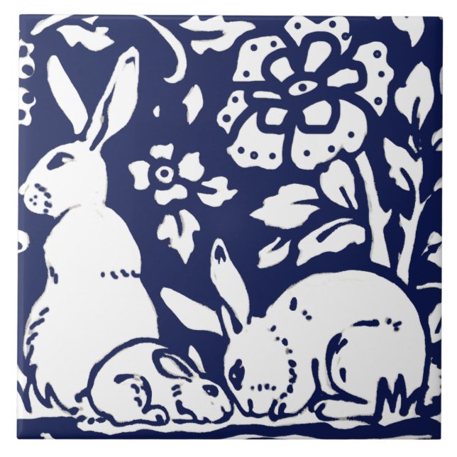Navy Blue White Rabbit Hare Woodland Animal Trivet Fliese (Vorderseite)