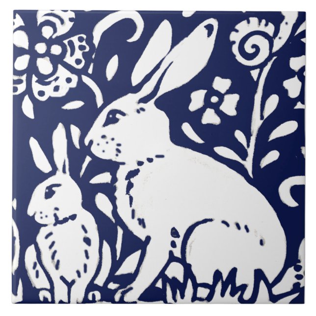 Navy Blue White Rabbit Hare Woodland Animal Trivet Fliese (Vorderseite)