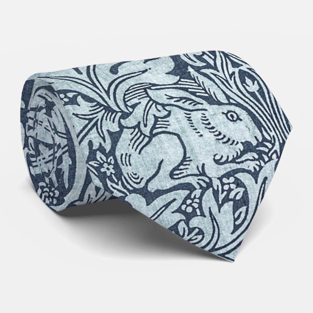 Navy Blue White Rabbit William Morris Neck Tie Krawatte (Gerollt)