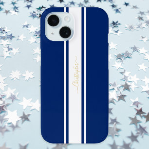 Navy Blue White Racing Stripes Gold Mit Monogramm Case-Mate iPhone Hülle