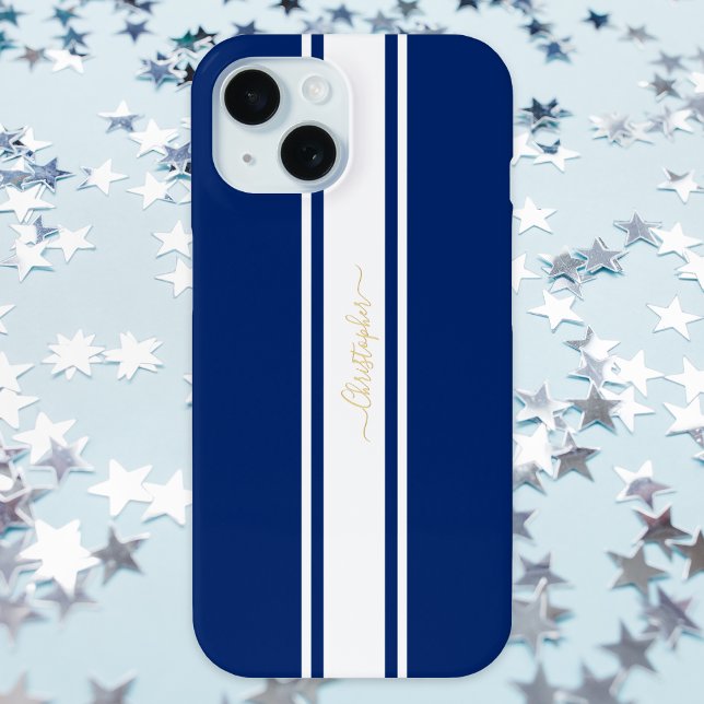 Navy Blue White Racing Stripes Gold Mit Monogramm Case-Mate iPhone Hülle (Navy Blue White Racing Stripes Gold Monogrammed Case-Mate iPhone Case)