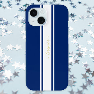 Navy Blue White Racing Stripes Gold Mit Monogramm iPhone 15 Hülle