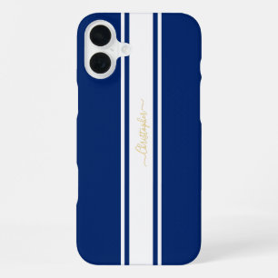 Navy Blue White Racing Stripes Gold Mit Monogramm iPhone 16 Plus Hülle
