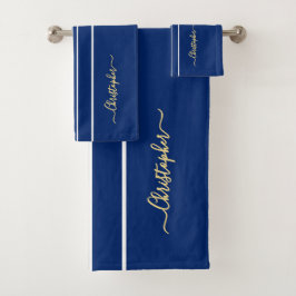 Navy Blue White Racing Stripes Imitats Gold Monogr Badhandtuch Set