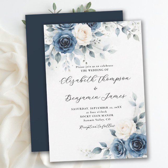 Navy Blue White Romantic Watercolor Floral Wedding Einladung (navy blue wedding invitation floral watercolor romantic template modern elegant calligraphy)