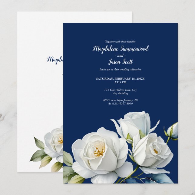 Navy Blue White Roses | Hochzeit von Wasserfarben Einladung (Vorne/Hinten)