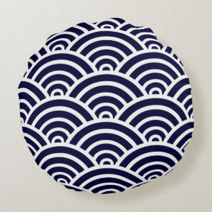 Navy Blue & White Scallop Muster Rundkissen Rundes Kissen