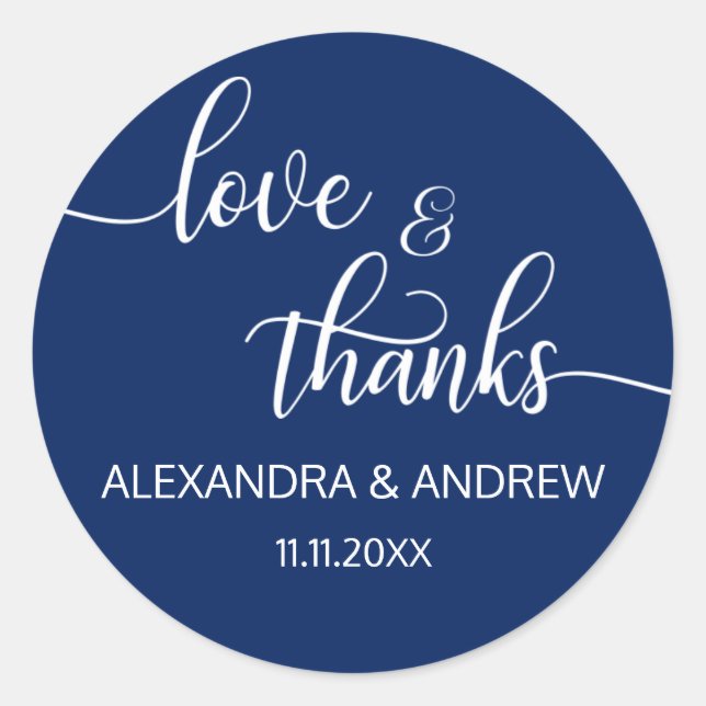 Navy Blue White Script Hochzeitsschrift Liebe & Da Runder Aufkleber (Vorderseite)