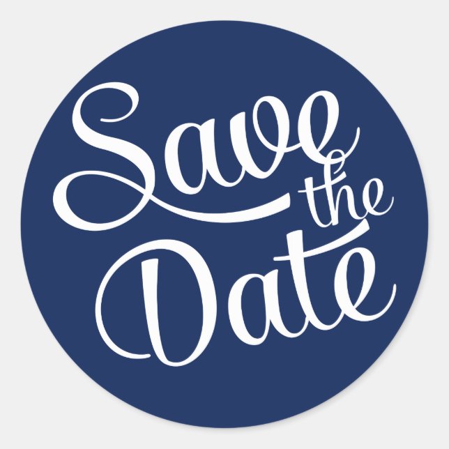 Navy Blue White Script Save the Date Runder Aufkleber (Vorderseite)