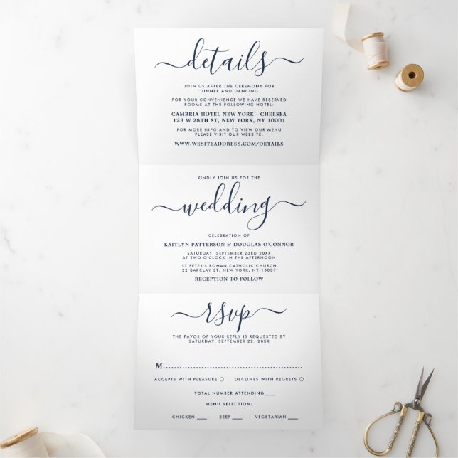 Navy Blue & White Simple Script Wedding Suite Dreifach Gefaltete Einladung (Innenseite)