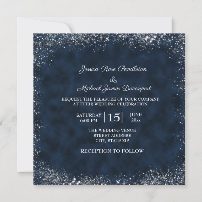 Navy Blue White Stardust Wedding Square Einladung (Vorderseite)