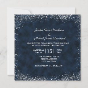 Navy Blue White Stardust Wedding Square Einladung