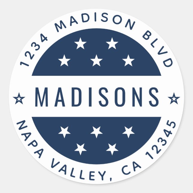 Navy Blue & White Stars Custom Rücksendeadresse Runder Aufkleber (Vorderseite)