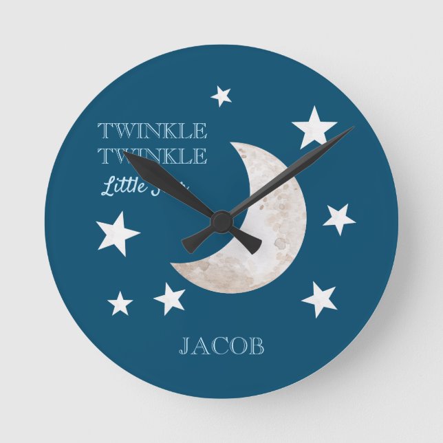 Navy Blue White Stars Moon Twinkle Little Star Runde Wanduhr (Vorderseite)