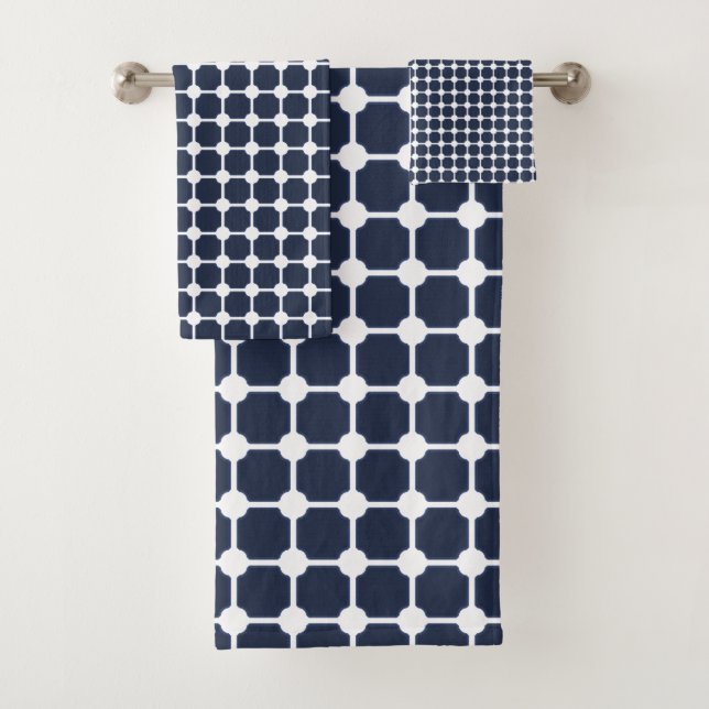 Navy Blue & White Stilvoll Modernes geometrisches  Badhandtuch Set (Insitu)