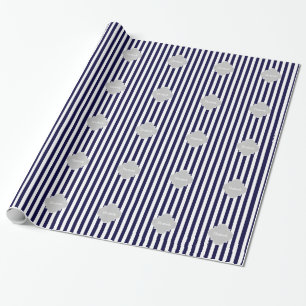 Navy Blue White Strip Lt Gray Quatrefolie Monogram Geschenkpapier