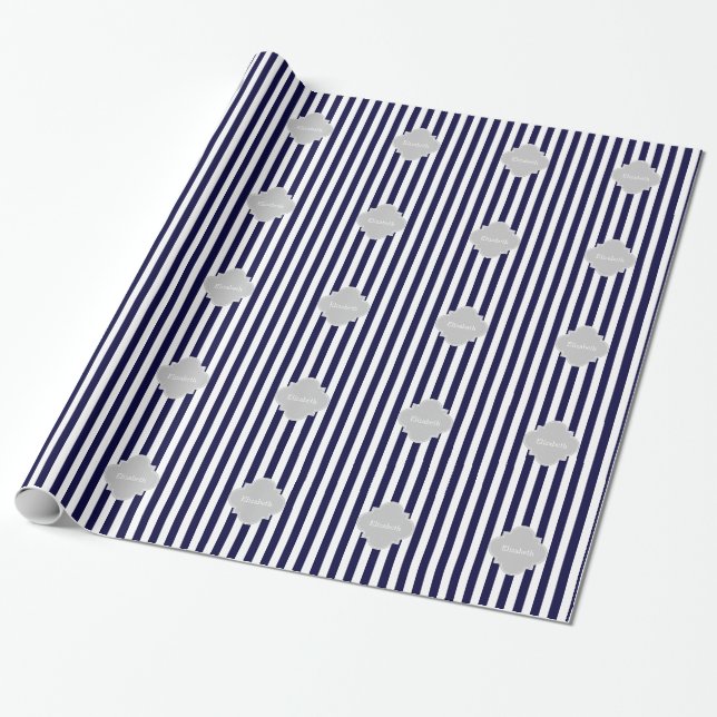 Navy Blue White Strip Lt Gray Quatrefolie Monogram Geschenkpapier (Ungerollt)