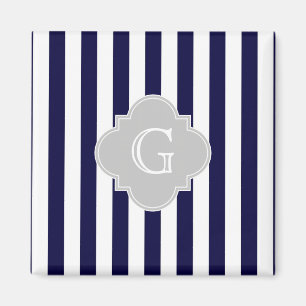 Navy Blue White Strip Lt Gray Quatrefolie Monogram Magnet