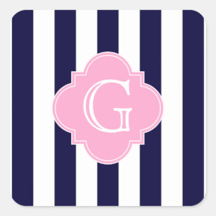 Navy Blue White Strip Pink Quatrefolie Monogramm Quadratischer Aufkleber