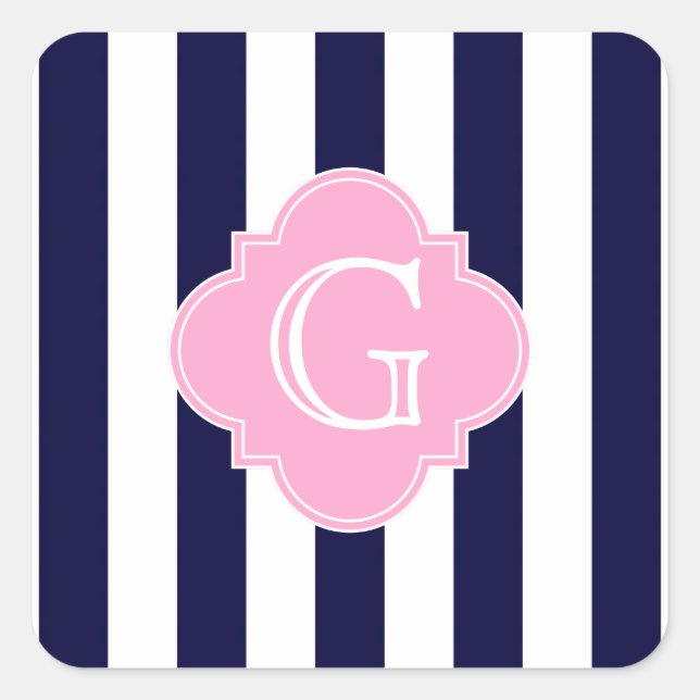 Navy Blue White Strip Pink Quatrefolie Monogramm Quadratischer Aufkleber (Vorderseite)