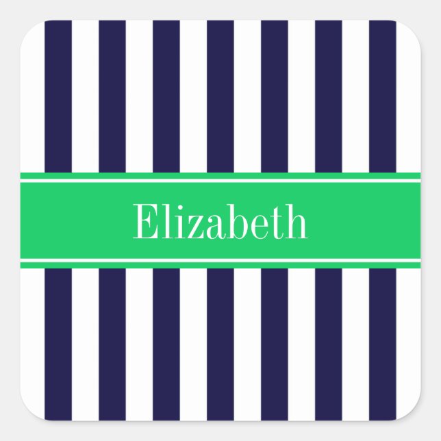 Navy Blue White Stripe Emerald Green Name Monogram Quadratischer Aufkleber (Vorderseite)