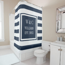 Navy Blue White Stripe Stilvolle Trendy Monogram Duschvorhang