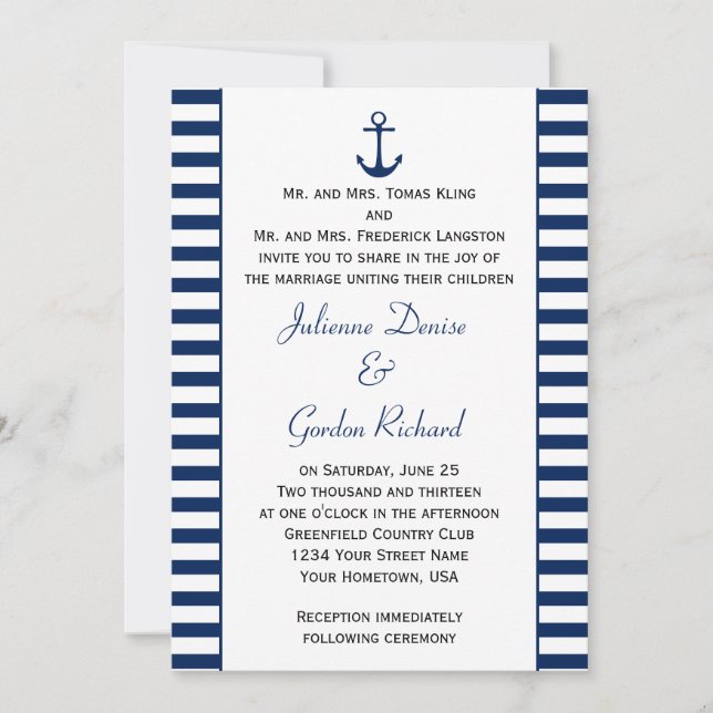 Navy Blue White Stripes Anchor Nautische Hochzeite Einladung (Vorderseite)