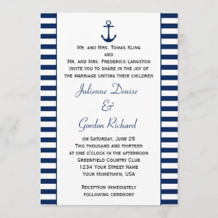 Navy Blue White Stripes Anchor Nautische Hochzeite Einladung
