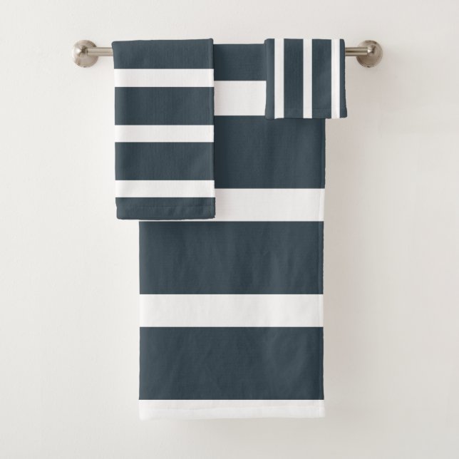 Navy Blue White Stripes Muster Badhandtuch Set (Insitu)