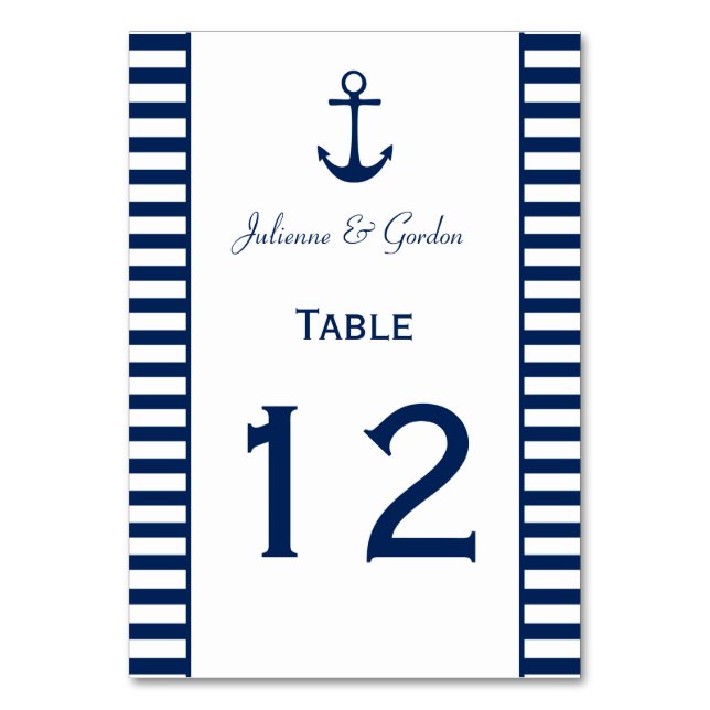 Navy Blue White Stripes Nautic Table Cards Tischnummer (Vorderseite)