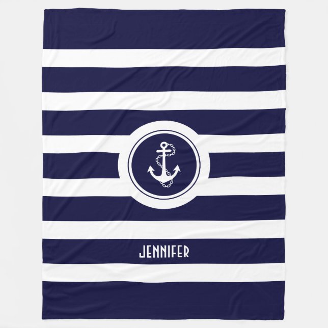 Navy Blue & White Stripes Nautical Anchor Fleecedecke (Vorderseite)