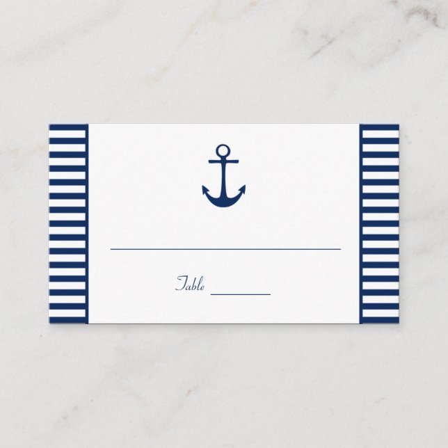Navy Blue White Stripes Nautische Platzkarten (Vorderseite)