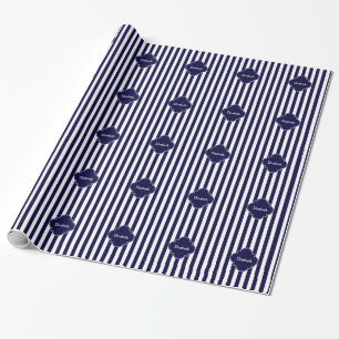 Navy Blue White Stripes Navy Label Monogram Geschenkpapier