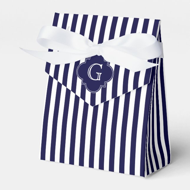 Navy Blue White Stripes Navy Label Monogram Geschenkschachtel (Vorderseite)