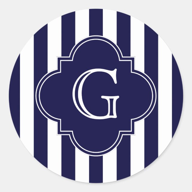 Navy Blue White Stripes Navy Label Monogram Runder Aufkleber (Vorderseite)