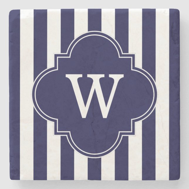 Navy Blue White Stripes Navy Label Monogram Steinuntersetzer (Vorderseite)