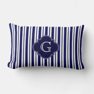 Navy Blue White Stripes Navy Monogram Label Lendenkissen