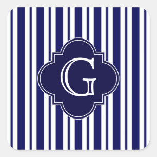Navy Blue White Stripes Navy Monogram Label Quadratischer Aufkleber