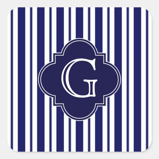Navy Blue White Stripes Navy Monogram Label Quadratischer Aufkleber (Vorderseite)