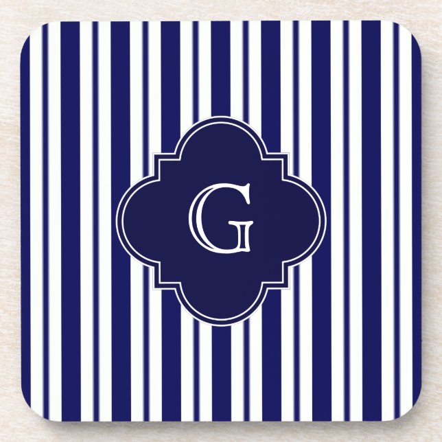Navy Blue White Stripes Navy Monogram Label Untersetzer (Vorderseite)