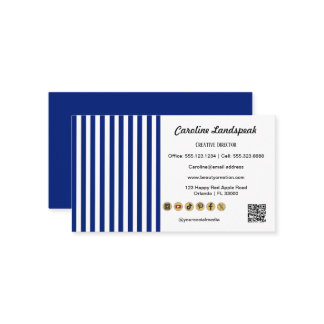 Navy Blue White Stripes QR Code, Social Media Icon Visitenkarte