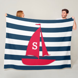 Navy Blue White Striping Monogram Red Boat Nautic Fleecedecke